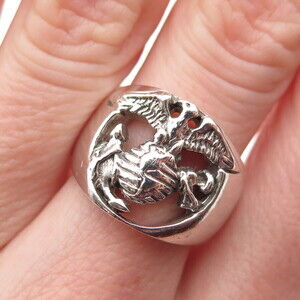 CARROLL 925 Sterling Silver Vintage 2000 Marine Corps Oxidized Ring Size 6.75